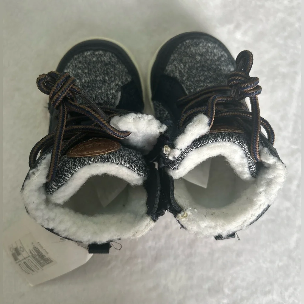 H&M Toddler Kids 2.5-3.5 Navy Blue/Brown Boots white faux fur inside side zipper